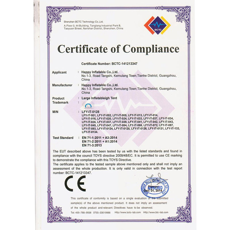 Certificado EN71 para carpa inflable