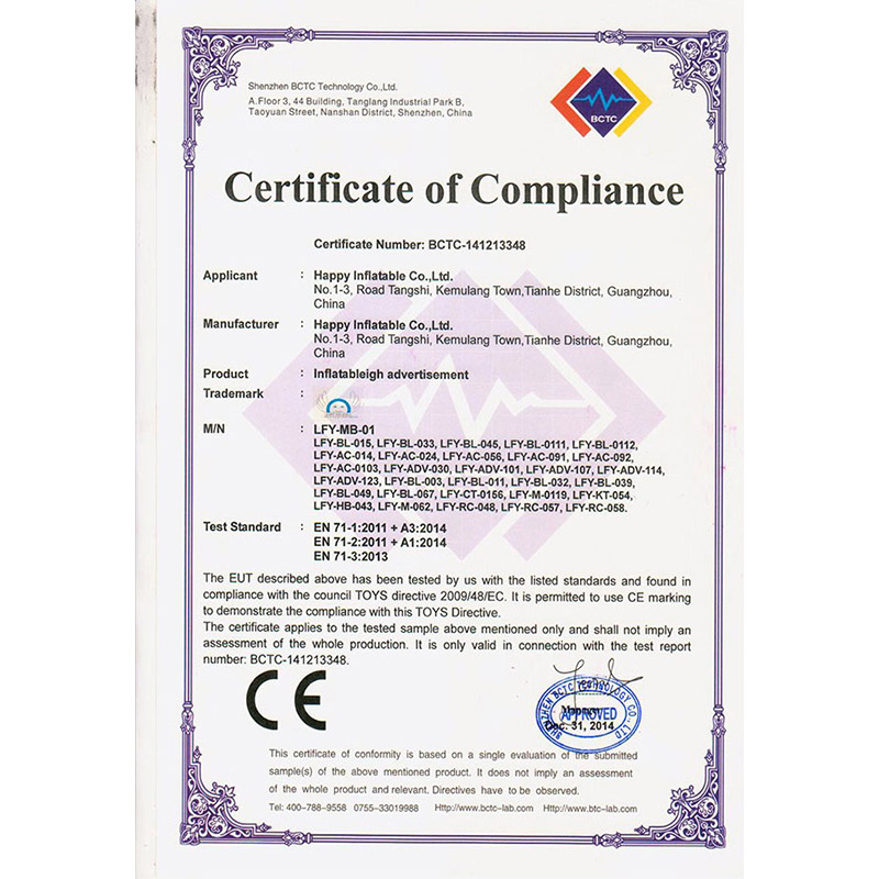 Certificado EN71 para artículos publicitarios inflables